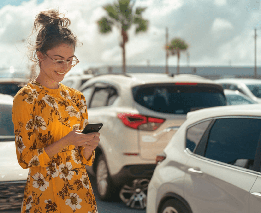 En kvinna tittar på sin telefon på en parkeringsplats